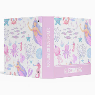 Pastel Mermaid & Sea Life Girl 1st Birthday  3 Ring Binder