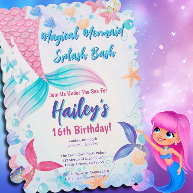 Pastel Mermaid Tails Watercolor Birthday  Invitation (Magical Mermaid Birthday Party Invitation)