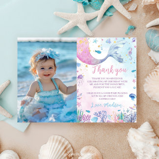 Pastel Mermaid Under the Sea Birthday Photo Thank You Card