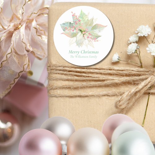 Pastel Merry Christmas Pink Sage Poinsettia Gold  Classic Round Sticker