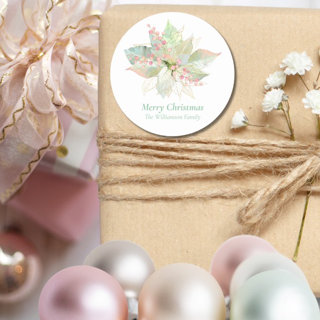 Pastel Merry Christmas Pink Sage Poinsettia Gold  Classic Round Sticker (Creator Uploaded)