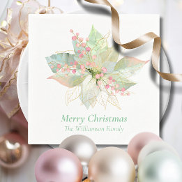 Pastel Merry Christmas Poinsettia Pink Sage Gold Napkins