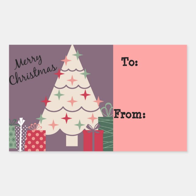 Pastel Merry Christmas Tree & Presents Rectangular Sticker (Front)