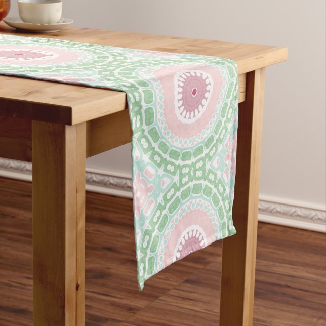 Pastel Mint and Rose Mandala Design Medium Table Runner (In Situ)