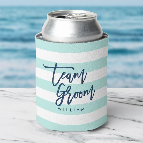 Pastel Mint and White Stripes Blue Team Groom Can Cooler