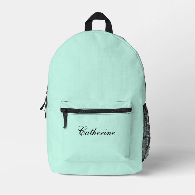 Pastel Mint Blue | Black Personalized Name  Printed Backpack (Front)