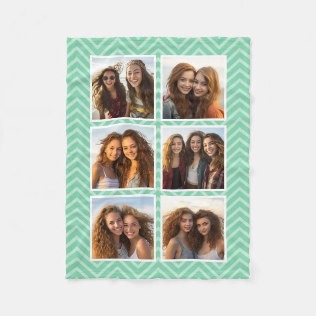 Pastel Mint Chevron Pattern Trendy 6 Photo Collage Fleece Blanket (Front)