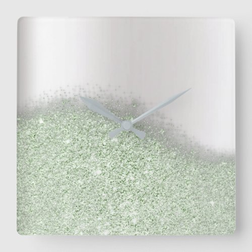 Pastel Mint Glitter Silver Gray Minimal Metallic Square Wall Clock