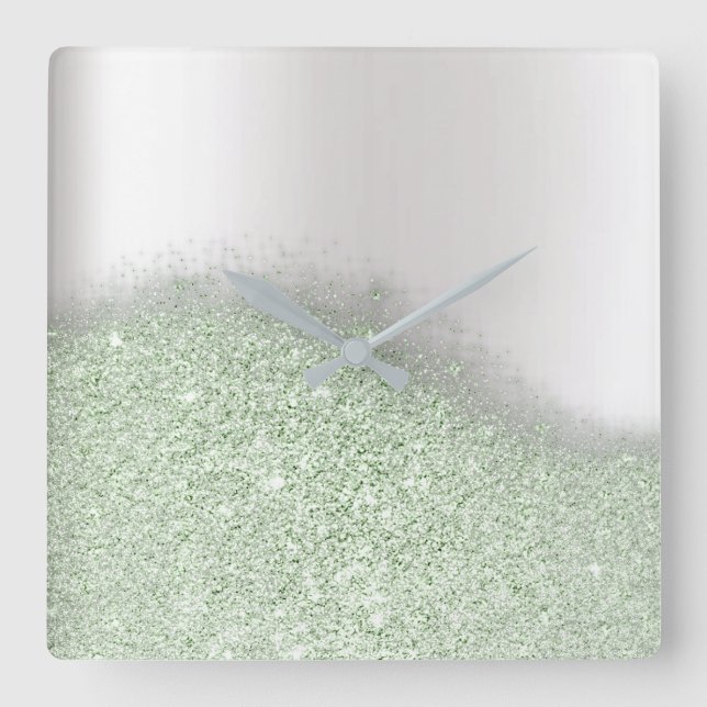 Pastel Mint Glitter Silver Gray Minimal Metallic Square Wall Clock (Front)
