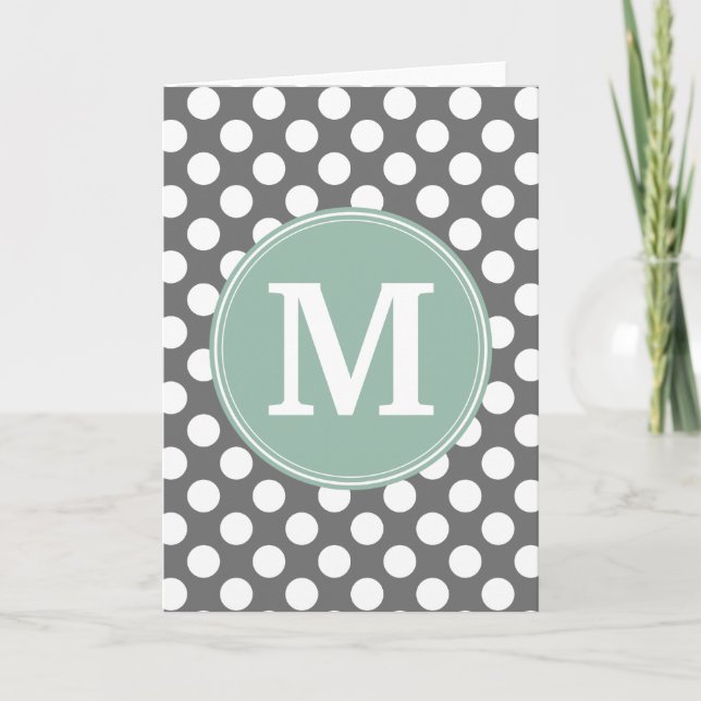 Pastel Mint & Gray Polka Dots with Custom Monogram Note Card (Front)