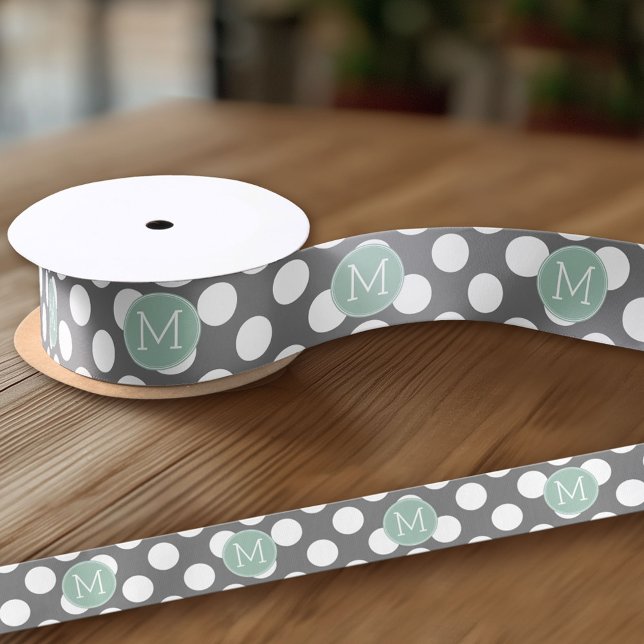 Pastel Mint & Gray Polka Dots with Custom Monogram Satin Ribbon (Custom Ribbon - add your personalized text)