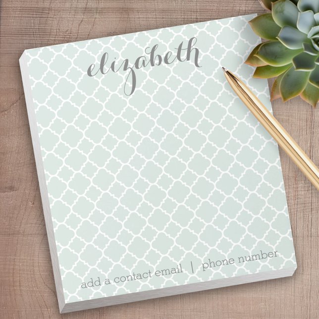 Pastel Mint & Gray Quatrefoil Pattern Custom Name Notepad (Personalized Notepad)
