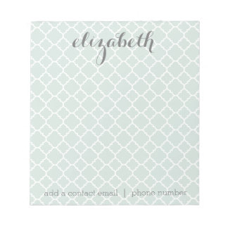 Pastel Mint & Gray Quatrefoil Pattern Custom Name Notepad