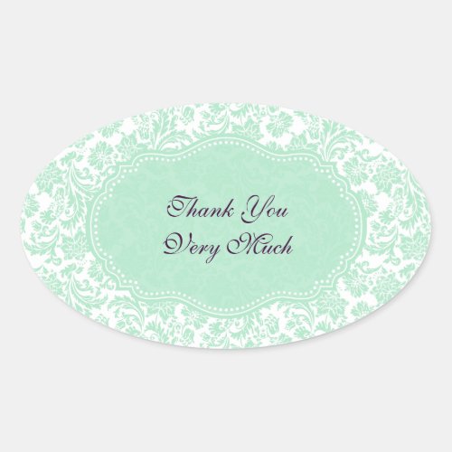 Pastel Mint_Green And White Damasks Oval Sticker