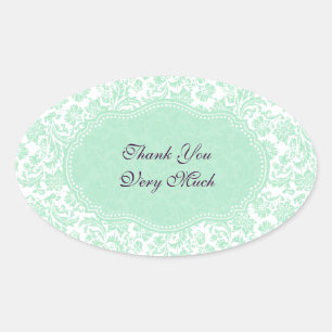 Pastel Mint-Green And White Damasks Oval Sticker