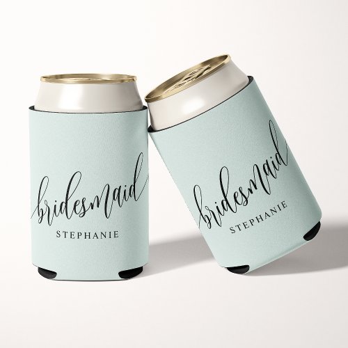 Pastel Mint Green Bridesmaid Modern Script Can Cooler