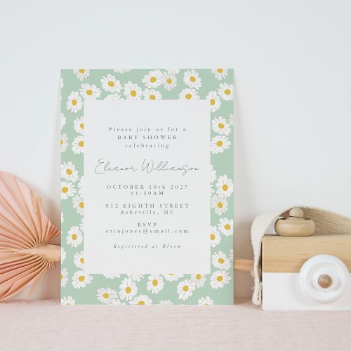 Pastel Mint  Green Daisy Flower Cute Baby Shower Invitation