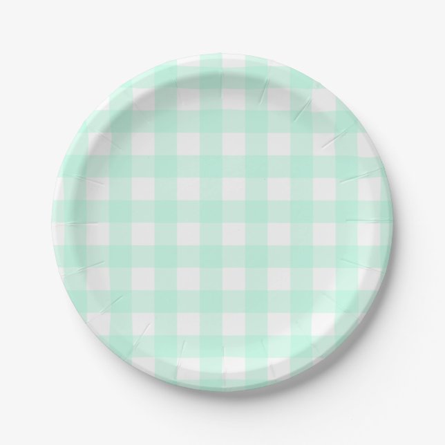 Pastel Mint Green Easter Plaid Pattern Paper Plates (Front)