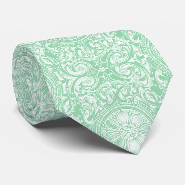 Pastel Mint Green Floral Swirls Oranmet Neck Tie (Rolled)