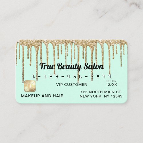 Pastel Mint Green Gold Glitter Drips Credit Business Card