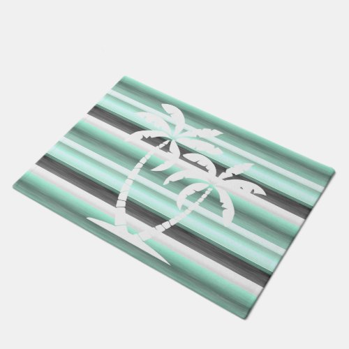 Pastel Mint Green Gray Watercolor Stripes Pattern Doormat