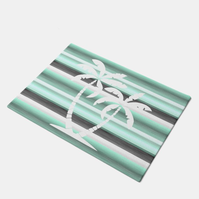 Pastel Mint Green Gray Watercolor Stripes Pattern Doormat (Angled)
