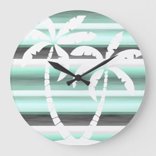 Pastel Mint Green Gray Watercolor Stripes Pattern Large Clock