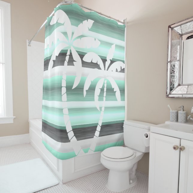 Pastel Mint Green Gray Watercolor Stripes Pattern Shower Curtain (In Situ)