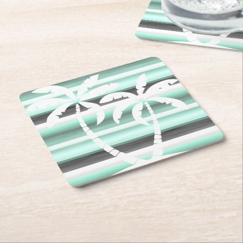 Pastel Mint Green Gray Watercolor Stripes Pattern Square Paper Coaster