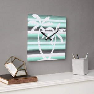 Pastel Mint Green Gray Watercolor Stripes Pattern Square Wall Clock