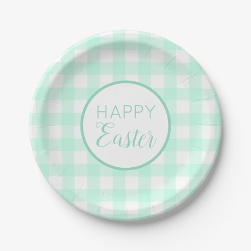 Pastel Mint Green Happy Easter Plaid Pattern Paper Plates
