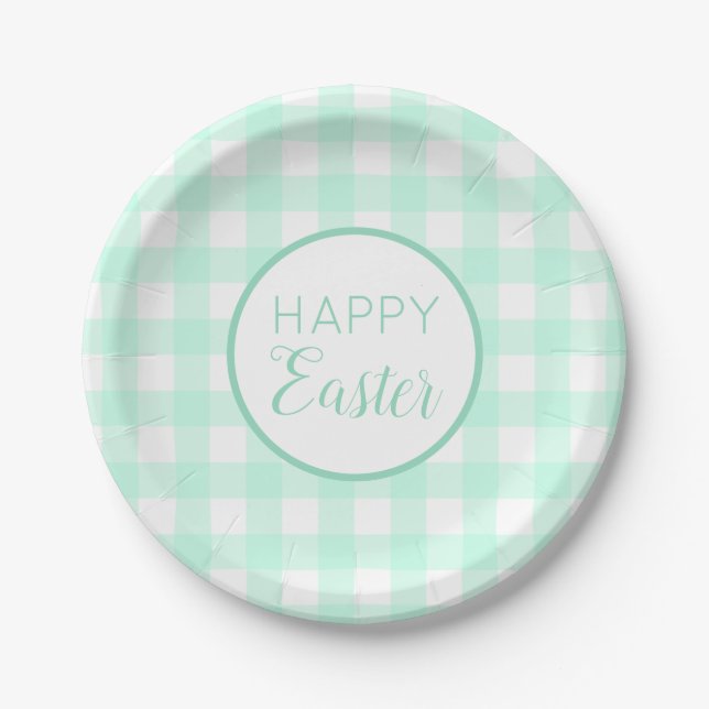 Pastel Mint Green Happy Easter Plaid Pattern Paper Plates (Front)