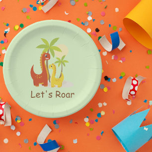 Pastel Mint Green Let’s Roar Dinosaur Party Paper Plates