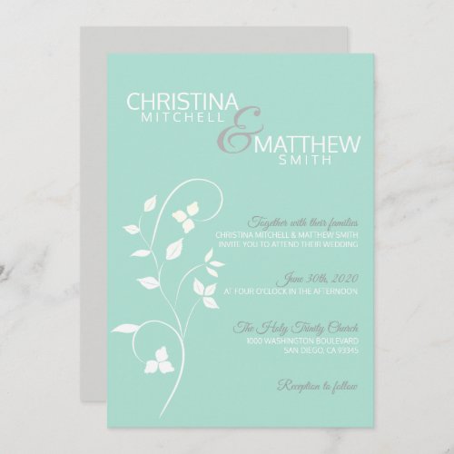 Pastel Mint Green  Light Grey Vine Wedding Invitation