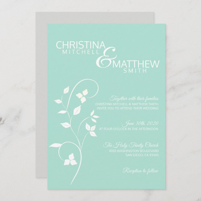 Pastel Mint Green & Light Grey Vine Wedding Invitation (Front/Back)