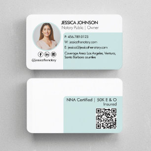 Pastel Mint Green Minimal QR Code Notary Photo Business Card