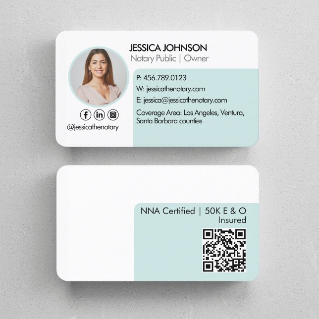 Pastel Mint Green Minimal QR Code Notary Photo  Business Card (Creator Uploaded)
