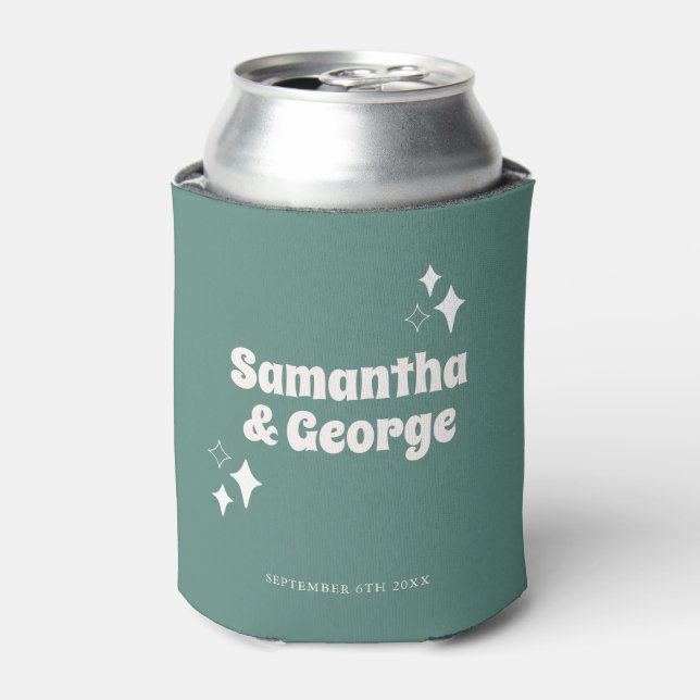 Pastel Mint Green Retro Groovy Wedding Favors Can Cooler (Can Front)