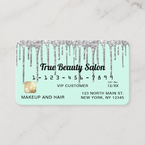 Pastel Mint Green Silver Glitter Drips Credit Business Card