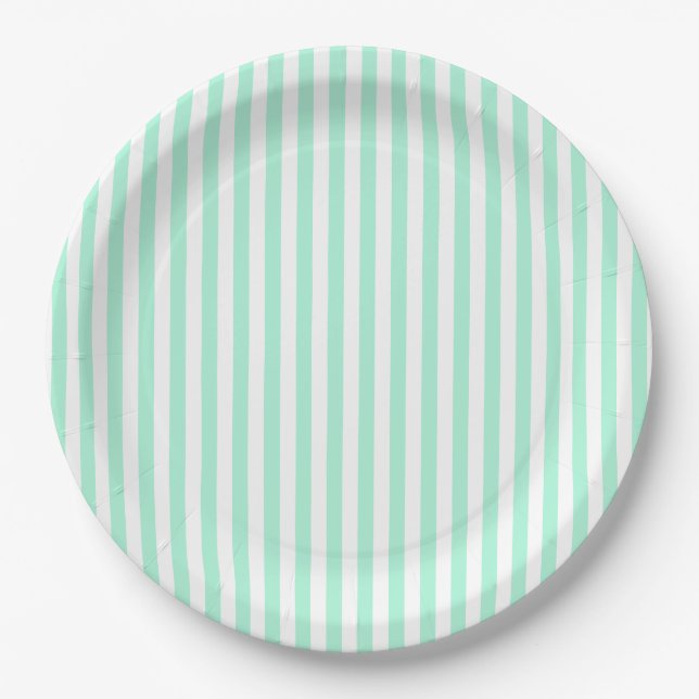 Pastel Mint Green Stripes Summer Striped Paper Plates (Front)
