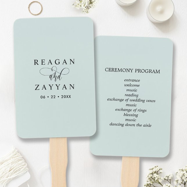 Pastel Mint Minimalist Wedding Program Hand Fan (Creator Uploaded)