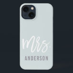 Pastel Mint New Mrs Last Name Bride iPhone 13 Case<br><div class="desc">After the wedding,  show off your new last name with this sleek and stylish case -- perfect for the honeymoon! Personalized bride design features "Mrs. [lastname]" in modern white and gray typography on a subtle pastel mint green background. Use the field provided to personalize with your new last name.</div>