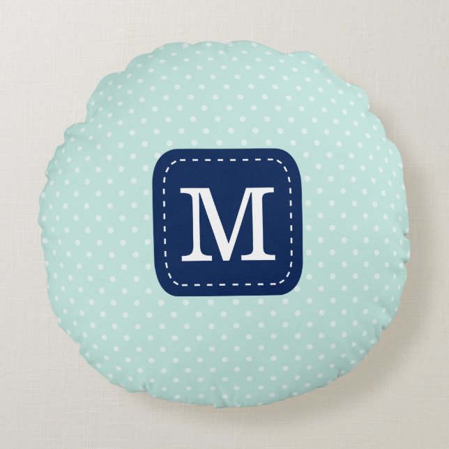 Pastel Mint Pattern Navy Blue Custom Monogram Round Pillow (Front)