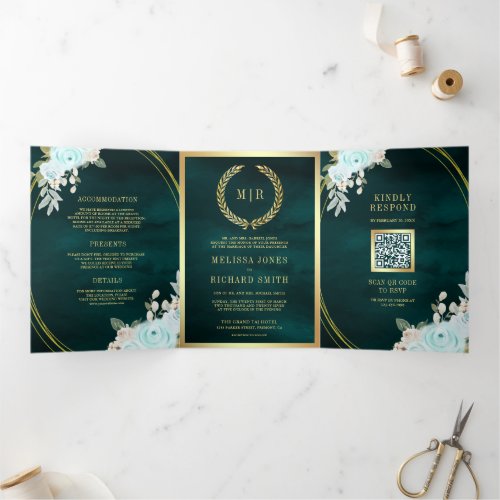 Pastel Mint Roses All in One QR Code Teal Wedding Tri_Fold Invitation
