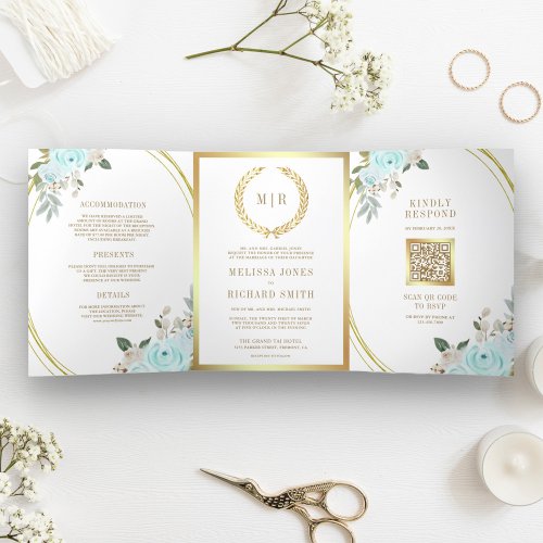 Pastel Mint Roses All in One QR Code Wedding  Tri_Fold Invitation