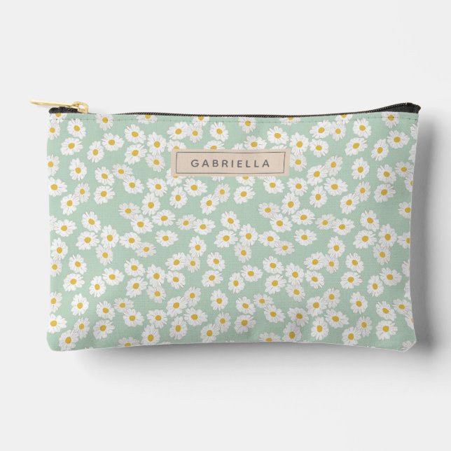 Pastel Mint Sage Daisy Floral Bridesmaid Custom Accessory Pouch (Front)