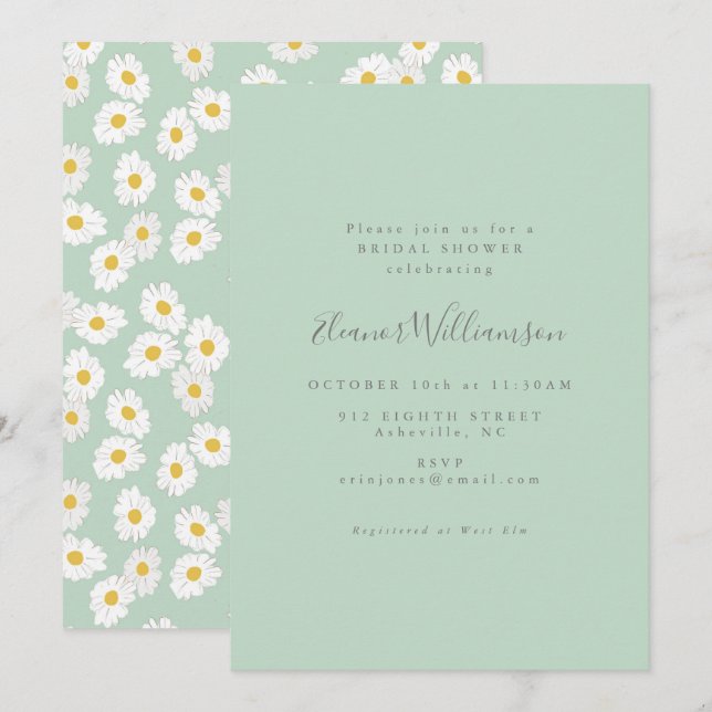 Pastel Mint Sage Green Daisy Flower Bridal Shower Invitation (Front/Back)