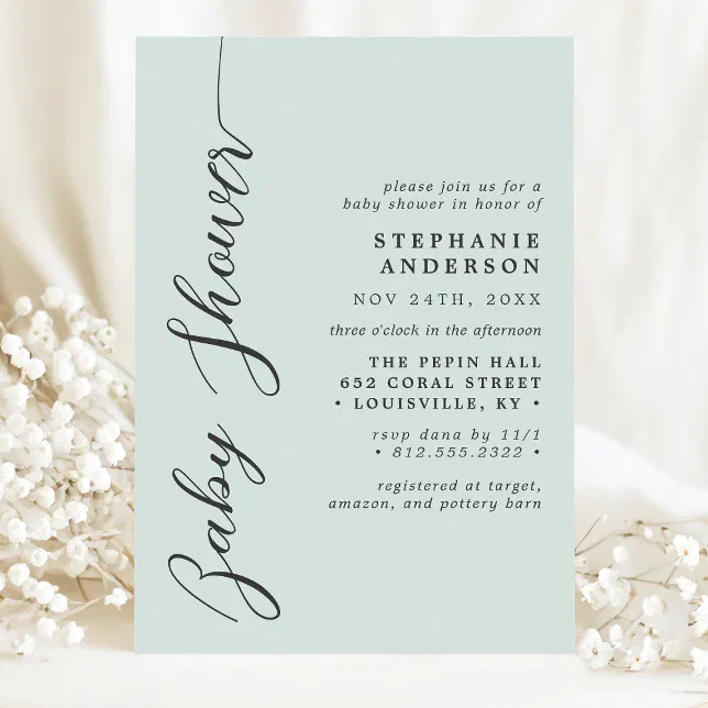 Pastel Mint Simple Modern Script Baby Shower Invitation | Zazzle