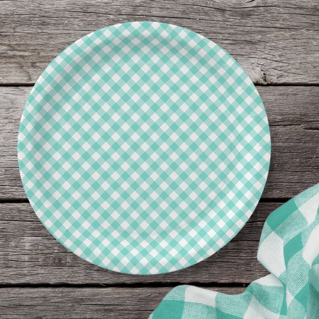 Pastel Mint Turquoise Gingham Paper Plates (Creator Uploaded)