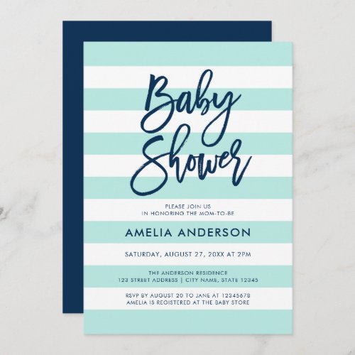 Pastel Mint  White Stripes Blue Baby Shower Invitation